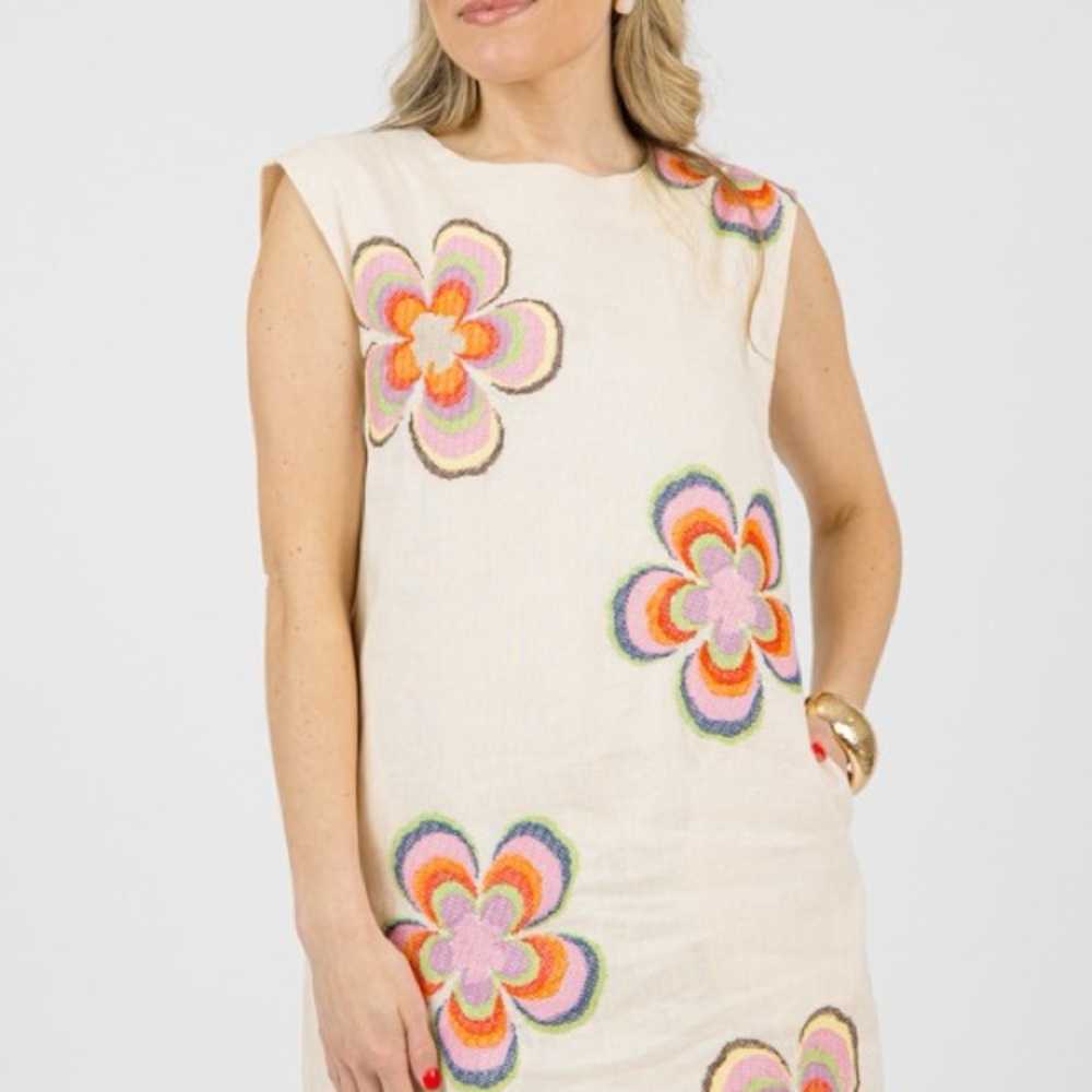 THML Floral Embroidered Shift Dress with Pink and Orange Accents